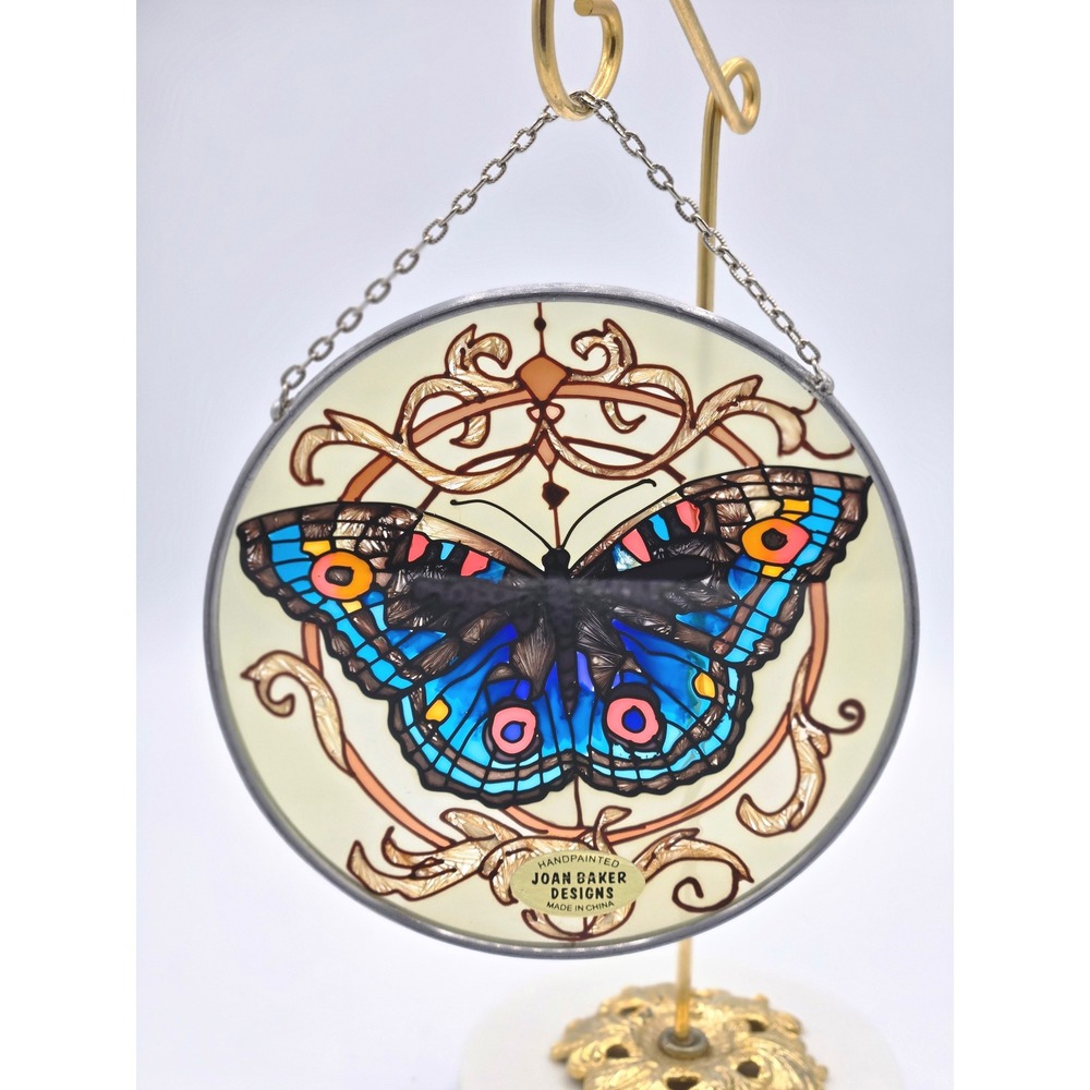 Vintage Joan Baker Designs Butterfly & Flowers Faux‎ Stained Glass Suncatcher